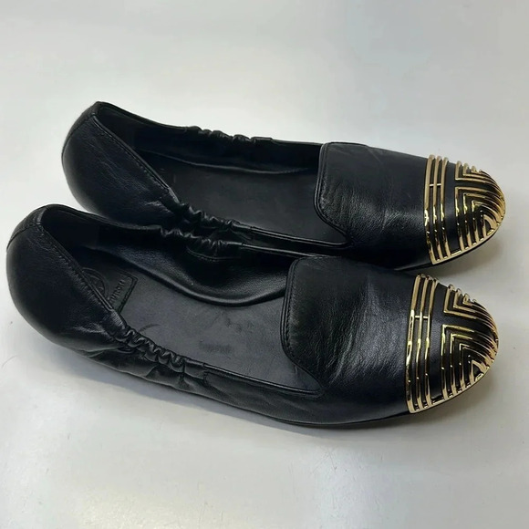Tory Burch Ballet Flats Slip On Scrunch Back T Logo Leather Black Gold Size 7 - Picture 4 of 11